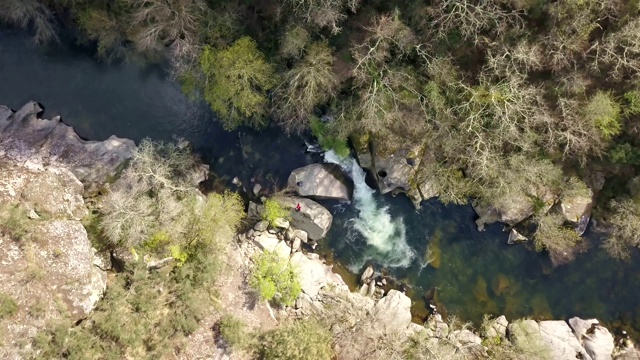 无人机鸟瞰图，河流景观，Vouga河和河岸与典型的葡萄牙植被视频素材