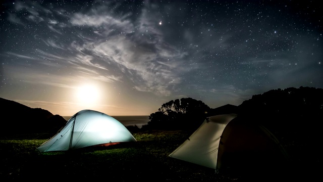 在星夜的星空下露营在帐篷里时光流逝视频素材