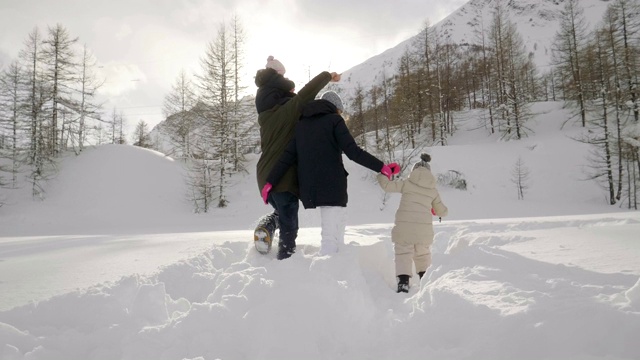 在冬天的一天，一家人在山上的雪地和大自然中散步。视频素材