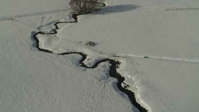 鸟瞰图蜿蜒的河流和树在雪/沃尔斯堡，犹他州，美国视频素材