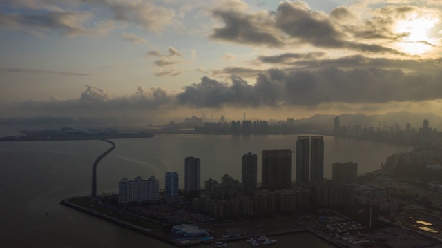 日落天空珠海城市湾澳门城市景观航空全景4k时间推移中国视频素材