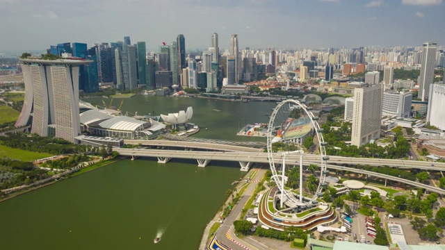 新加坡城市晴天飞行滨海湾空中全景4k时间推移视频素材