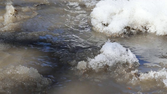 春日的泥泞溪流从融化的积雪中流过，视频素材