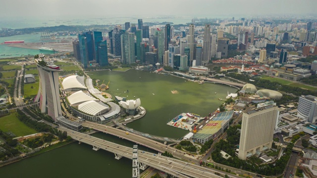 新加坡城市晴天飞行滨海湾空中全景4k时间推移视频素材