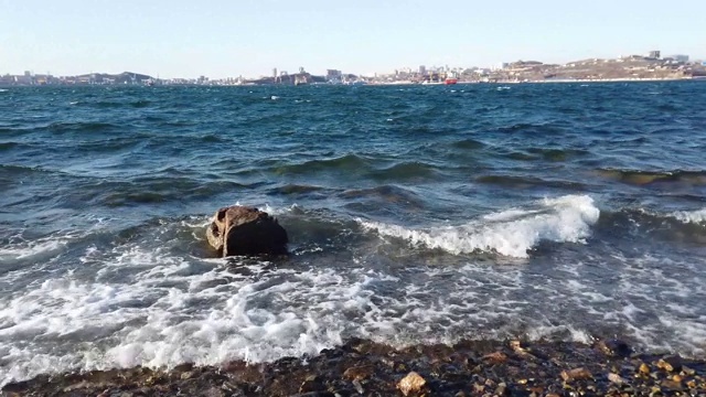 海景，地平线上有城市景观。视频素材