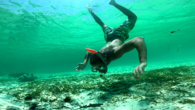 青年潜水和探索海底视频素材