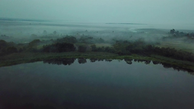 鸟瞰图的黎明前薄雾的湖泊视频素材