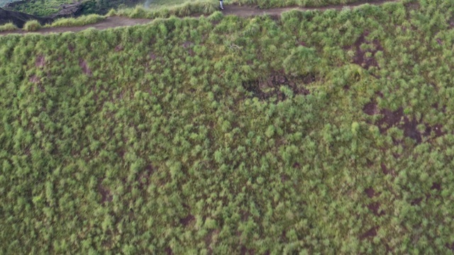 鸟瞰图。山和绿色的山谷景色。旅游女子欣赏山景。后视图的一个长头发的年轻女子在一个强大的风站在山顶和钦佩远处的风景视频素材