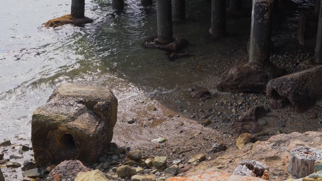 平静的海浪拍打着木板路下面的岩石海滩视频素材