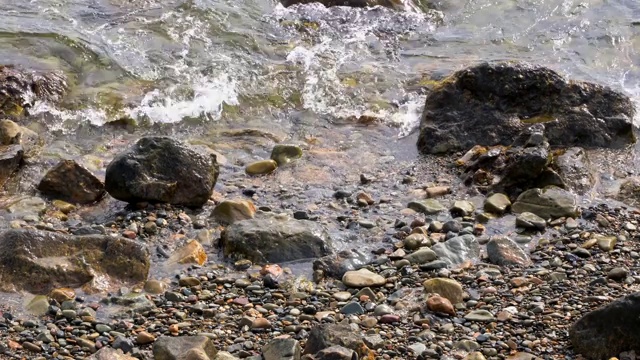 在岩石海滩上的小波浪潮池的特写视频素材