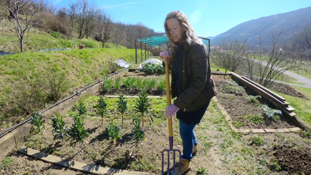 成熟的女人使用园艺叉视频素材