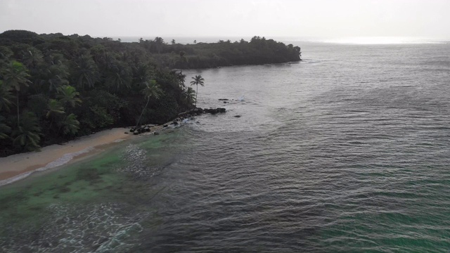 空中向前/左旋:在棕榈树森林岸边的亮蓝色海浪-小玉米岛，尼加拉瓜视频素材