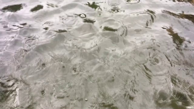 涟漪般的雨滴落在池塘里的水面上。视频素材