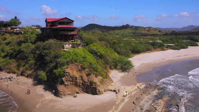 上图:尼加拉瓜埃尔吉甘特海边小屋旁的沙滩上的人们视频素材