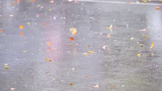 雨水滴落在沥青路面上的大水坑里，淹没了街道。道路因雨季大雨而积水，慢镜头180帧/秒，大雨落下背景。视频素材