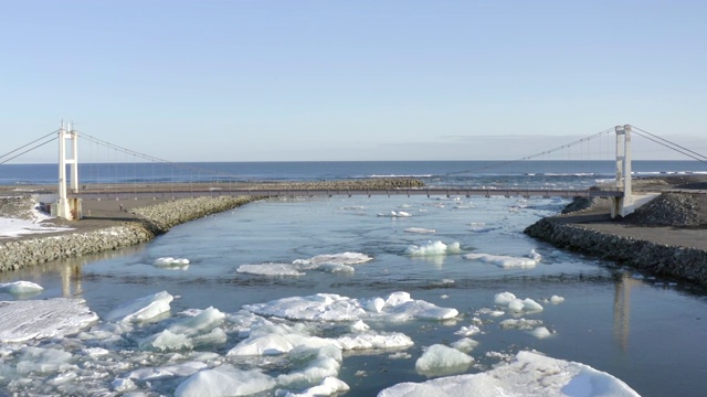 从冰川泻湖到大海，河和桥上有冰山视频素材