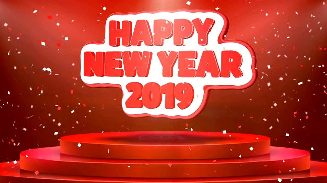 Happy New year 2019 Text Animation Stage Podium五彩纸屑循环动画视频素材