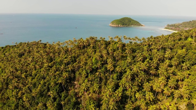 无人机拍摄的小马岛，高攀干泰国。异国情调的海岸全景景观，梅哈德海滩，夏日。珊瑚间的沙径。生动的海景，上面是山上的椰子树。视频素材