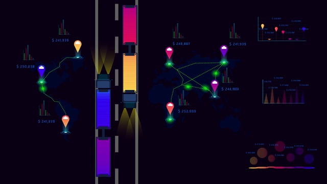 4 k。卡车运输相关公司工厂世界地图标记点信息图形设计与汇总图形图表数据。视频素材
