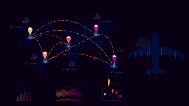 4 k。飞机运输相关公司工厂世界地图标记点信息图形设计与汇总图形图表数据。视频下载