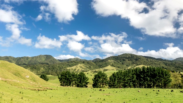 美丽的天空云在绿色的山和农场在新西兰的自然景观时间流逝视频素材