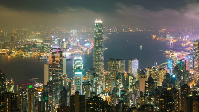 时间流逝，香港城市夜景。从太平山顶俯瞰香港摩天大楼视频素材