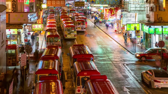 中国香港九龙旺角花园街市及夫人街市巴士总站夜间的时间图视频素材