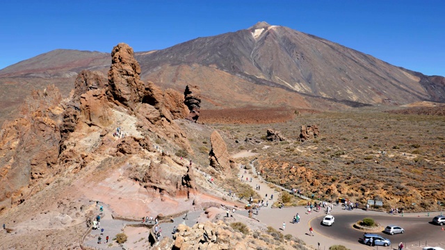 人们在Teide火山附近的Los Roques de Garcia岩石上徒步旅行的时间推移，Teide国家公园，特内里费，加那利群岛，西班牙。视频素材