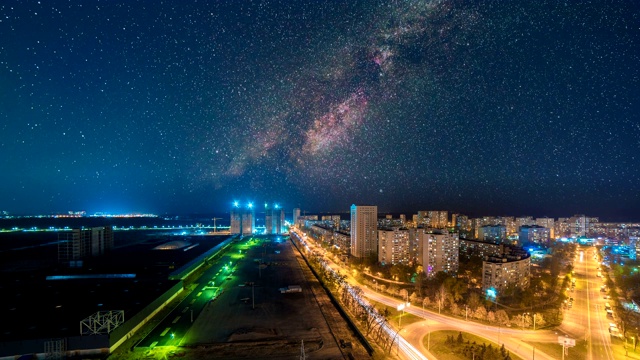 夕阳背景下的城市。从白天到夜晚的视野。时间流逝视频素材