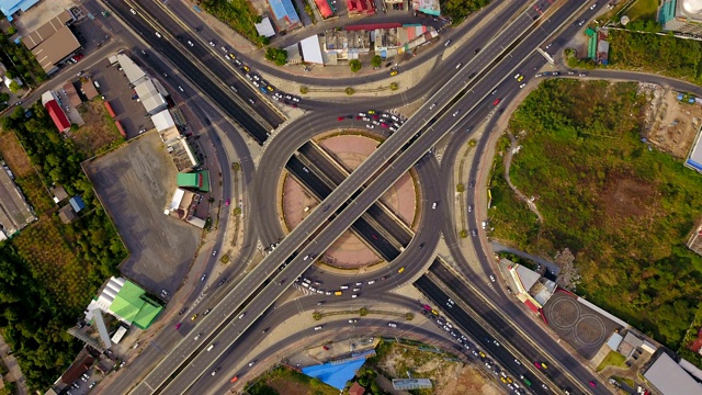 带环岛的公路交汇处鸟瞰图的时间间隔。桥梁道路在建筑结构和交通理念上呈环形。前视图。城市城市，曼谷日落，泰国。视频素材