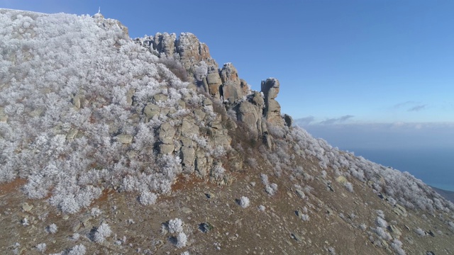 在被巨大的巨石和白雪皑皑的针叶树覆盖的山顶上的美丽景色，映衬着蓝天。山的冬景视频素材