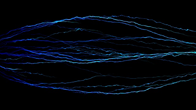 抽象线条运动数字闪光闪光蓝色粒子与电形状流动在蓝色背景，新技术能源视频素材