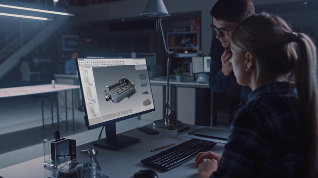 工程师在台式电脑上工作，屏幕显示CAD软件与3D组件原型。深夜在工程设施，图纸和墙上的图纸。过肩击球视频素材