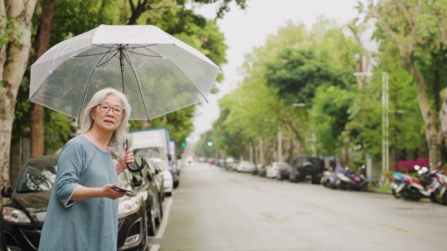 一个雨天，一位老妇人在城市里等出租车视频素材