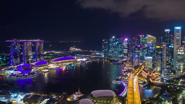 夜间照明新加坡城市景观滨海湾市中心空中全景，4k时间间隔视频素材