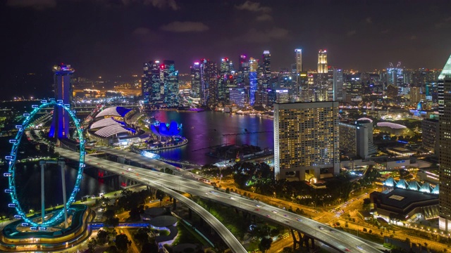 夜间照明新加坡城市景观滨海湾市中心空中全景，4k时间间隔视频素材