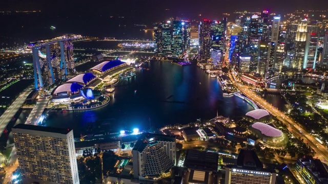 夜间照明新加坡城市景观滨海湾市中心空中全景，4k时间间隔视频素材