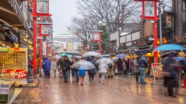 4K时光流逝——日本东京浅草浅草寺附近下雪时拥挤的人群视频素材