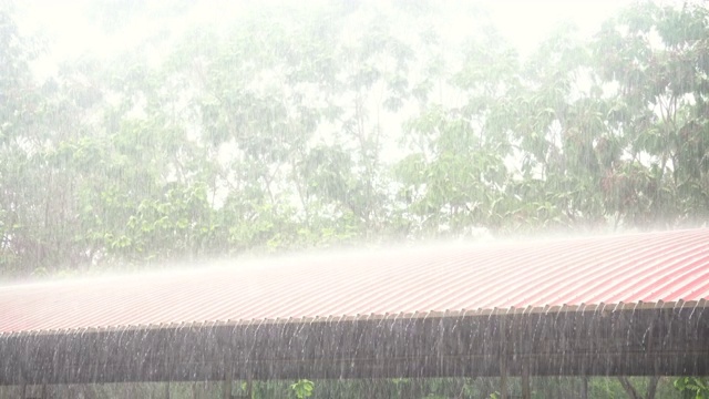 慢镜头:雨滴从屋顶落下视频素材