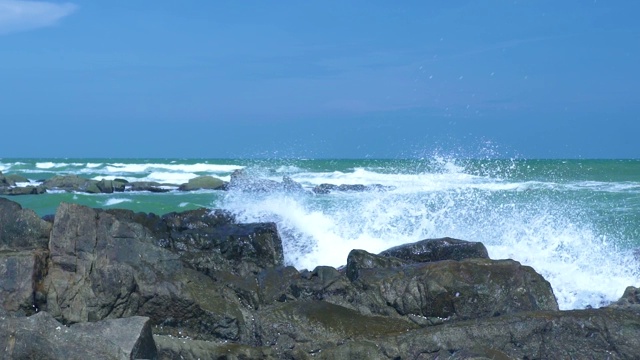 波涛汹涌的大海和海浪拍打着岩石海滩上的蓝天景观。海浪冲击着海洋中多石的海岸。蓝色的大海粉碎了天空背景上的岩石悬崖视频素材