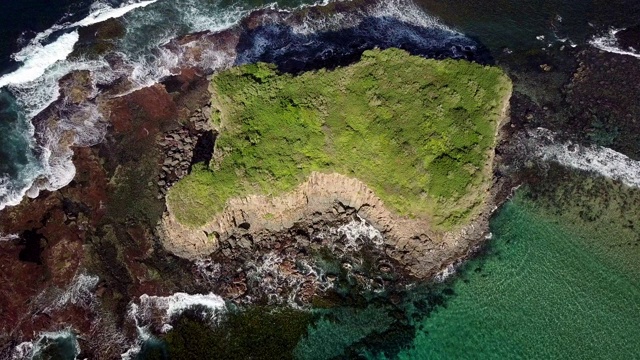 空中降落:草，岩石岛在深蓝色的海洋，卧龙岗，澳大利亚视频素材