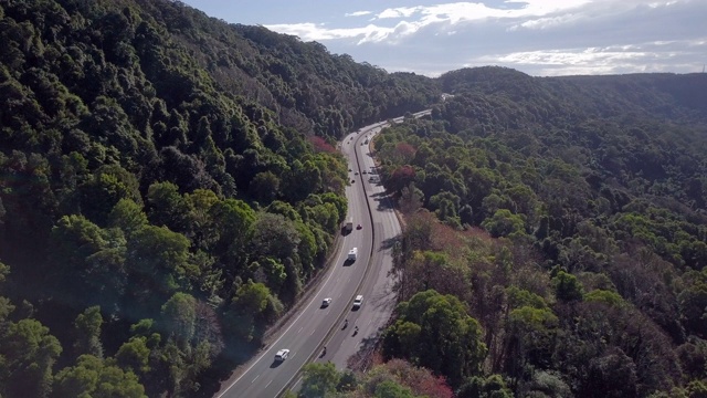 空中向左旋转:澳大利亚卧龙岗阳光明媚的森林覆盖山中的道路视频素材