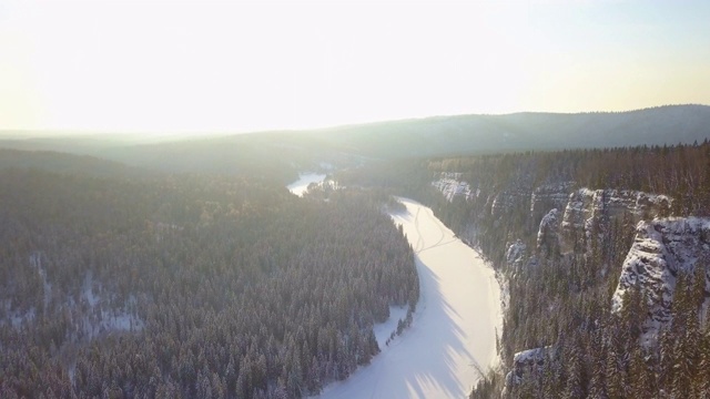 Aerial: Frozen River in Beautiful snow Landscape, Usva，俄罗斯视频素材