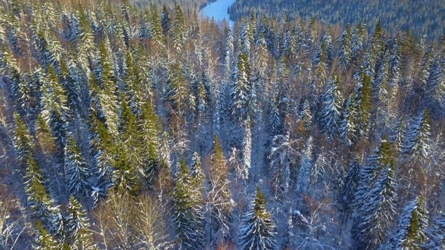 空中向前:美丽的雪景与冰冻的河流，Usva，俄罗斯视频素材