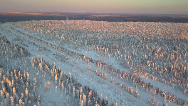 航拍:俄罗斯乌斯瓦美丽的雪山松林中的黄昏视频素材