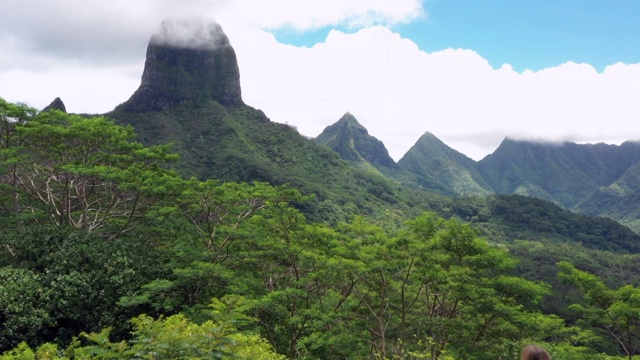 航拍:法属波利尼西亚的莫雷阿，一个女人跳着看山和海洋视频素材