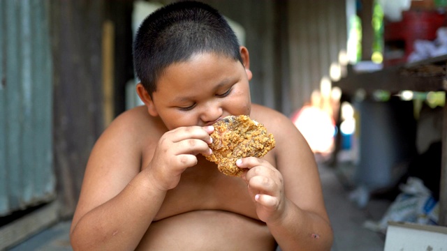 就像一个男孩在户外吃鸡肉一样视频素材