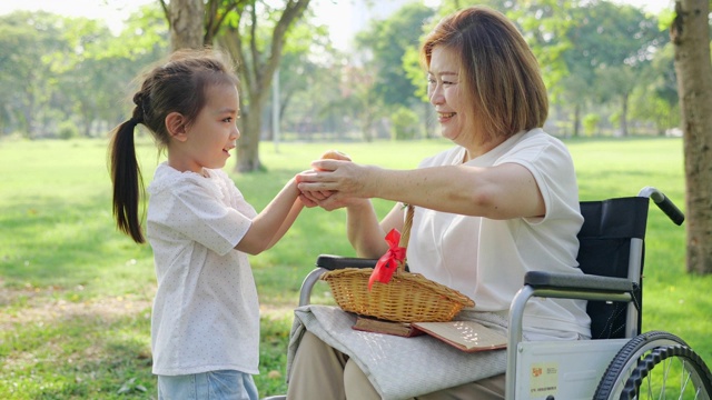 亚洲孙女拿着水果篮给奶奶坐在轮椅上的公园里。慢动作视频素材