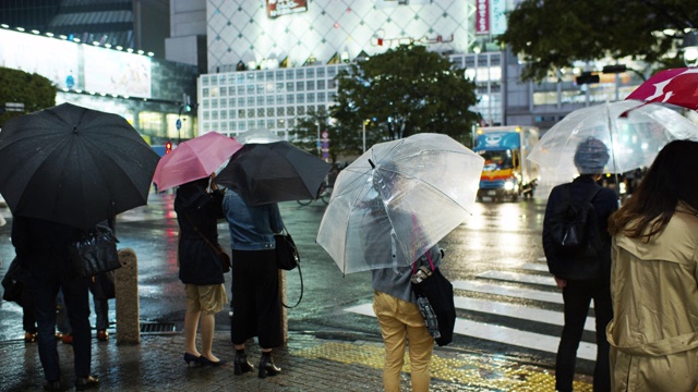 雨夜，行人在涉谷十字路口等候视频素材