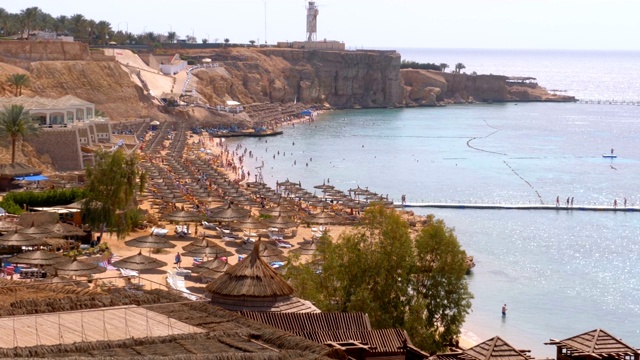 珊瑚海滩全景与伞，太阳床和棕榈在红海的豪华酒店礁。埃及视频素材